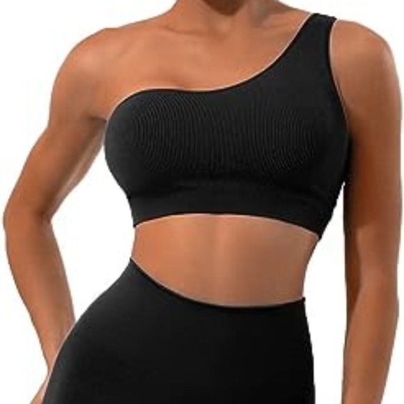 Black One Shoulder Ribbed Workout Set - Picture 2 of 3